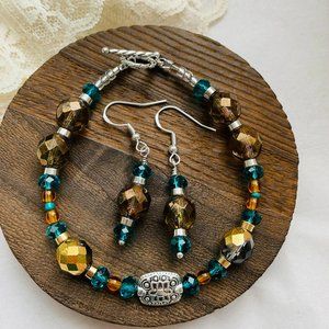 Boho Blue Brown Crystal Glass Beaded Artisan Handmade Bracelet & Earrings Set